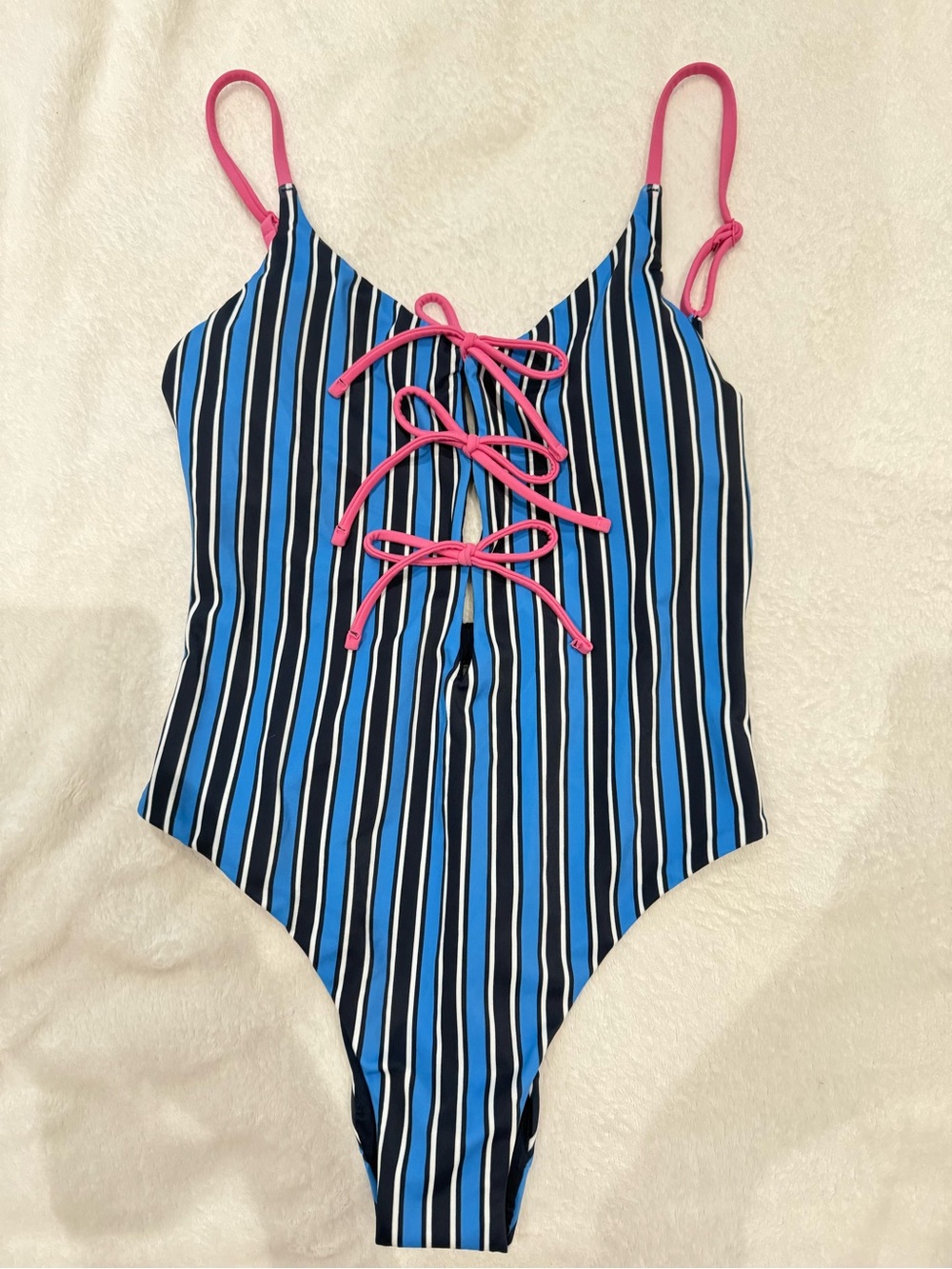 PINK Victoria's Secret Blue, Black & White Striped One-Piece with Pink Ties